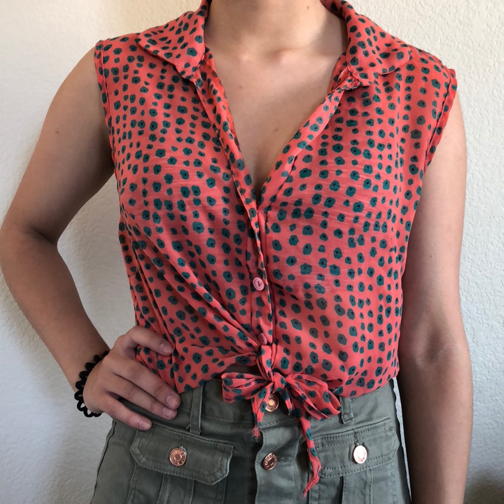 Coral Green Polka Dot Sheer Blouse